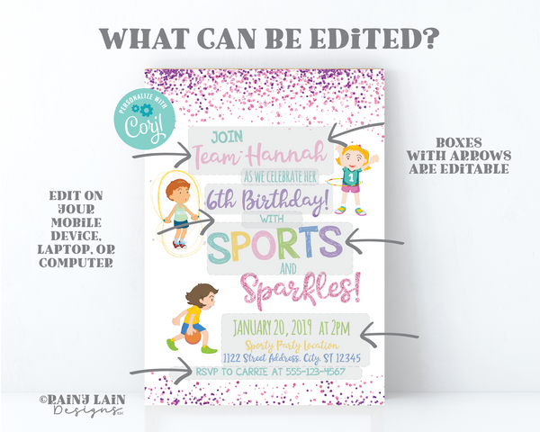 Sports and Sparkles Invitation, Girl Sports Party Invite, Sport Party Girl, Hoola Hoop Jump Rope, Basketball, Sports Invite, Sparkles Invite