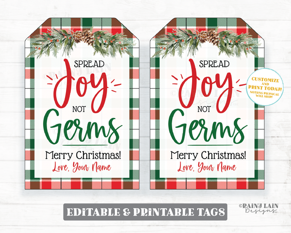Hand Sanitizer Christmas Gift Tag Spread Joy Not Germs Holiday Tags Employee Appreciation Company Staff Teacher PTO Co-Worker Plaid Tag