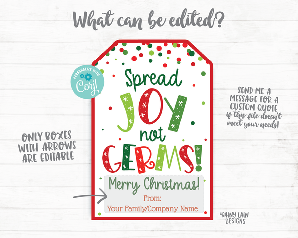 Spread Joy Not Germs Hand Sanitizer Christmas Gift Tag Holiday Tags Employee Appreciation Company Essential Worker Staff Corporate Teacher