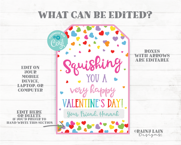 Squishing You Valentine's day Tag Squishy Toy Squishee Squeeze Squishie Squeezable Editable Classroom Preschool Printable Kids Non-Candy