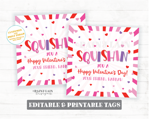Squishin You Valentine's day Tag Squishy Toy Squishee Squeeze Squishie Squeezable Preschool Editable Classroom Printable Kids Non-Candy