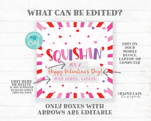 Squishin You Valentine's day Tag Squishy Toy Squishee Squeeze Squishie Squeezable Preschool Editable Classroom Printable Kids Non-Candy