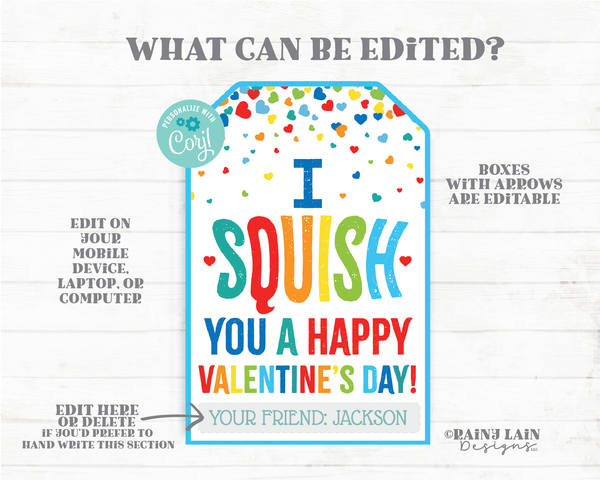I squish you a happy Valentine's day Squishies Valentine Squishy Toy Squishee Squeeze Preschool Classroom Printable Kids Non-Candy Valentine