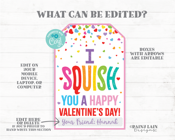 Squishies Valentine I squish you a happy Valentine's day Squishy Toy Squishee Squeeze Classroom Preschool Printable Kids Non-Candy Valentine