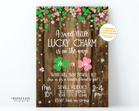 St. Patrick's Day Gender Reveal Invitation He or She what will our little shamrock be A little lucky charm is on the way rustic wood