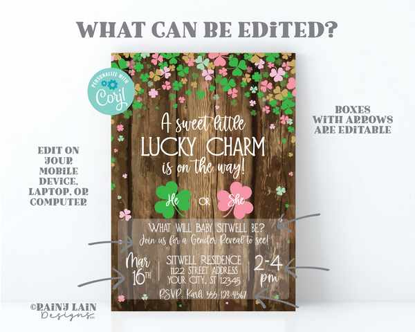 St. Patrick's Day Gender Reveal Invitation He or She what will our little shamrock be A little lucky charm is on the way rustic wood