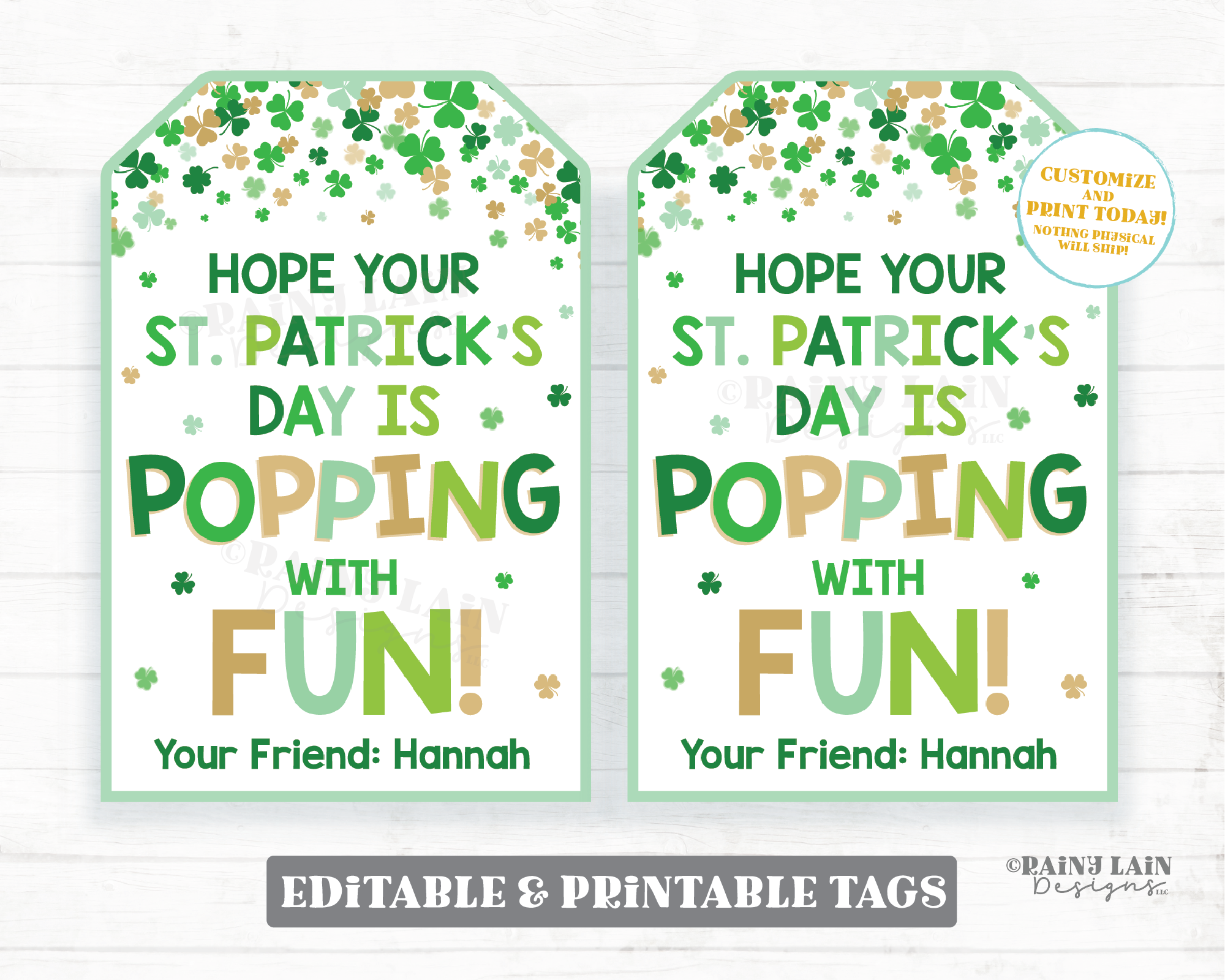 Popping with Fun Tag Pop Fidget Toy St. Patrick's Day Pop Gift Tag Popcorn Gift Preschool Classroom Printable Kids Editable Shamrock Tag