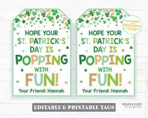 Popping with Fun Tag Pop Fidget Toy St. Patrick's Day Pop Gift Tag Popcorn Gift Preschool Classroom Printable Kids Editable Shamrock Tag