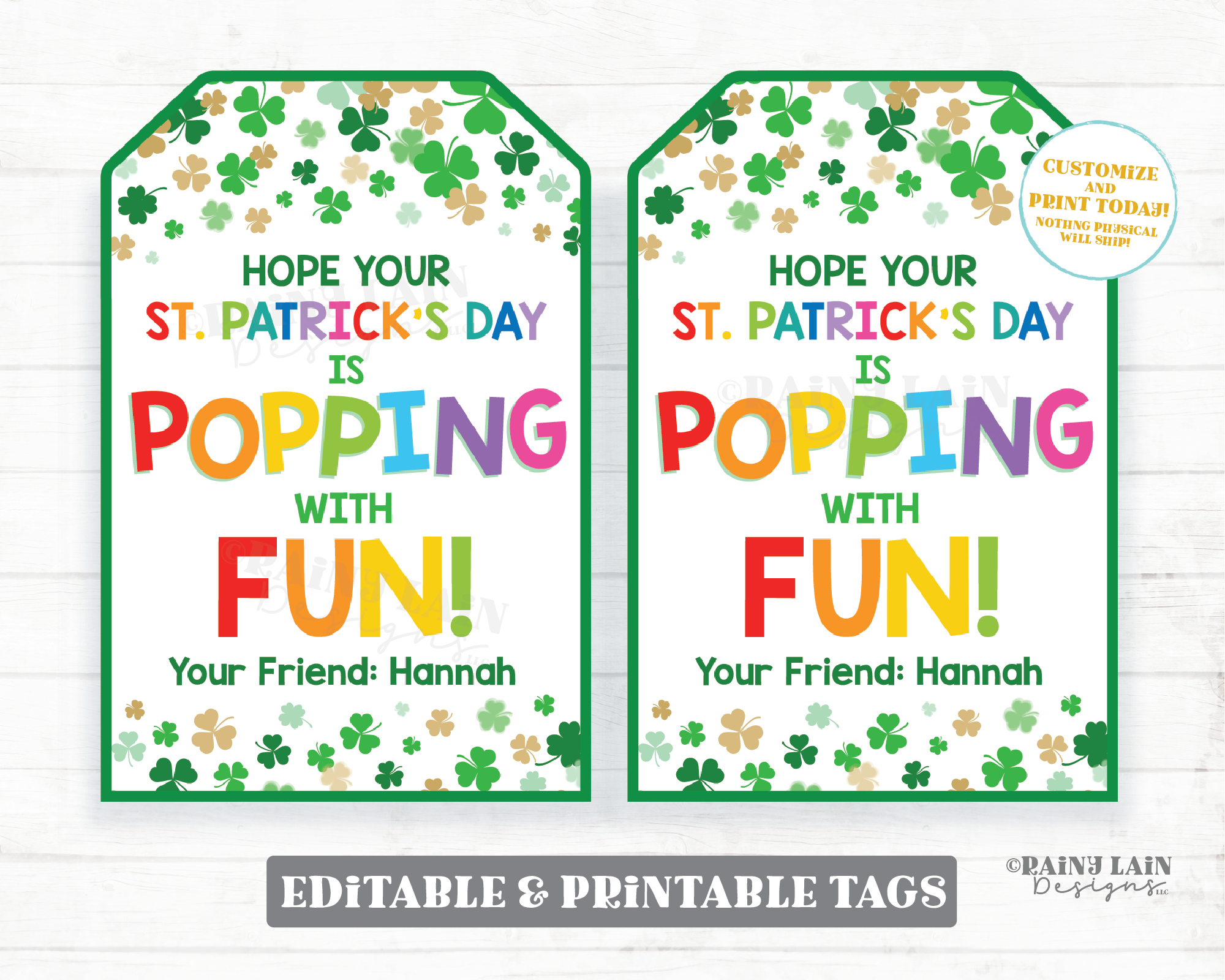 St. Patrick's Day Popping with Fun Tag Pop Fidget Toy Pop Gift Tag Popcorn Printable Gift Classroom Preschool Kids Editable Shamrock Tag