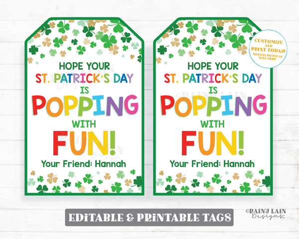 St. Patrick's Day Popping with Fun Tag Pop Fidget Toy Pop Gift Tag Popcorn Printable Gift Classroom Preschool Kids Editable Shamrock Tag