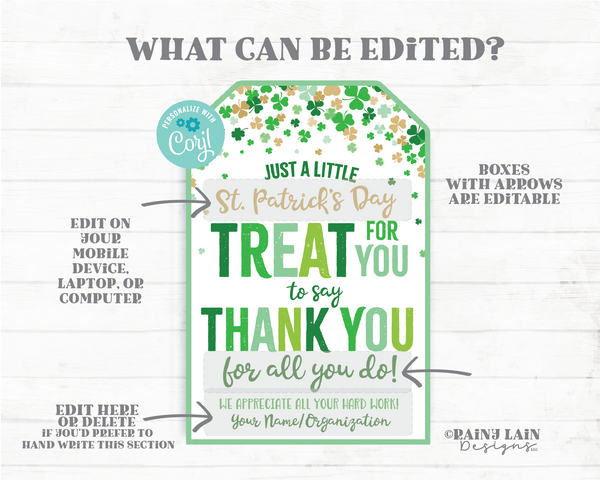 St Patrick's Day Treat for you to say Thank you for all you do St Patty's tag Gift Tags Appreciation Favor Tag Teacher Staff Employee School