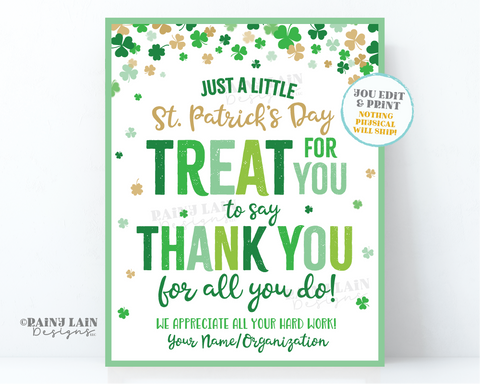 St Patrick's Day Treat for you to say Thank you for all you do St Patty's Lounge Sign Appreciation Favor Tag Teacher Staff Employee School