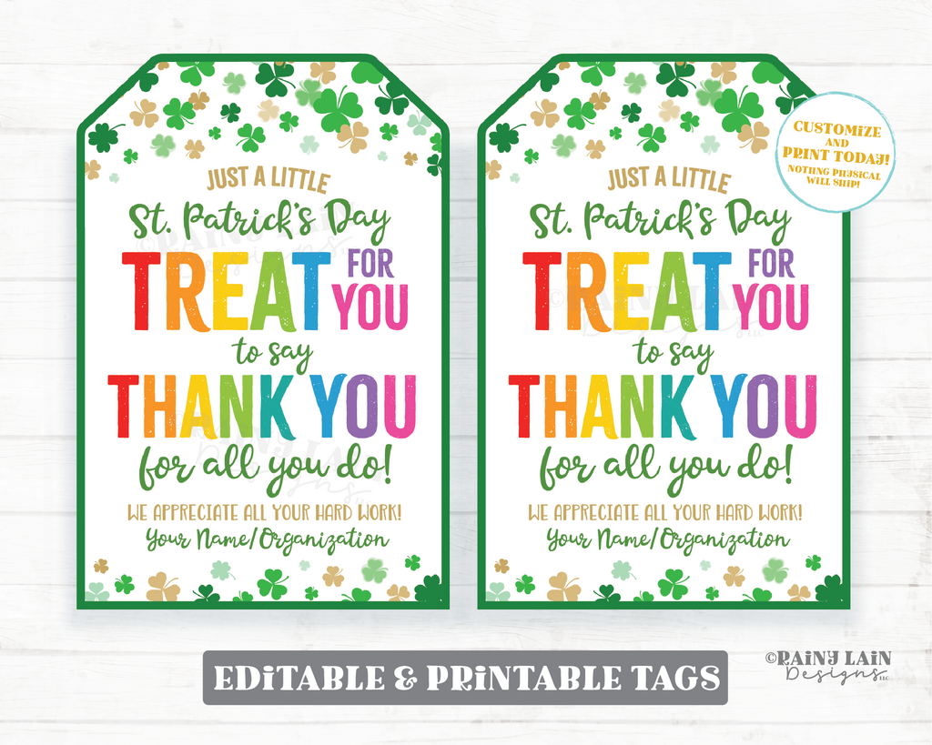 Treat for you to say Thank you for all you do Gift Tags St Patrick's D ...
