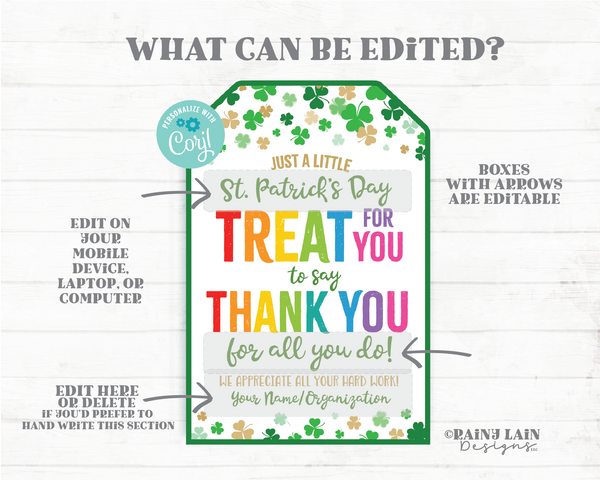 Treat for you to say Thank you for all you do Gift Tags St Patrick's Day St Patty's tag Appreciation Favor Tag Teacher Staff Employee School