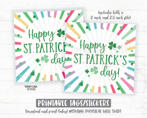 Happy St Patrick's Day Tag Rainbow Shamrocks Printable Cookie Tag Square 2 inch 2.5 inch Cookie Card Lucky Charm Instant Download Bakery Tag - St Patrick's Day Cookie Packaging