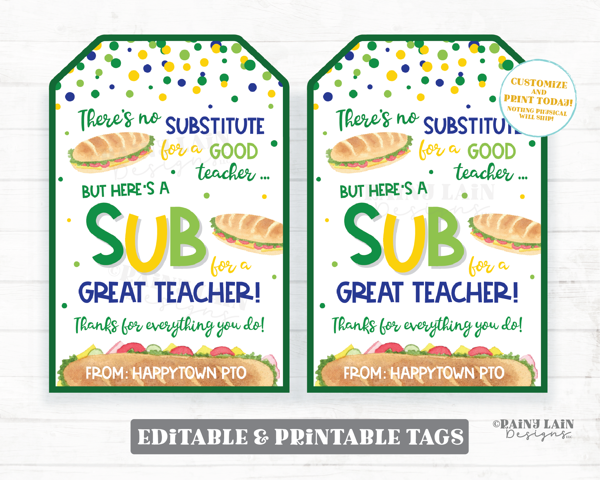 Sub Sandwich Gift Tag No Substitute Sub for a Great Teacher Employee Appreciation Tag Company Staff Corporate Principal PTO School