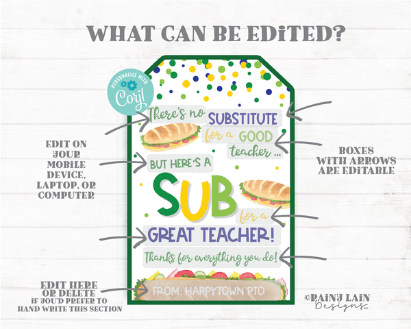 Sub Sandwich Gift Tag No Substitute Sub for a Great Teacher Employee Appreciation Tag Company Staff Corporate Principal PTO School
