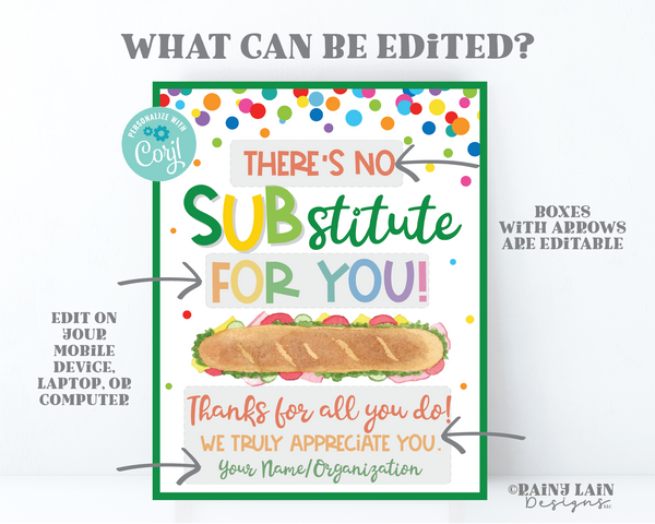 There's No Substitute for you Sub Sandwich Sign Thank You Appreciate Employee Appreciation Gift Company Staff Corporate Principal PTO School