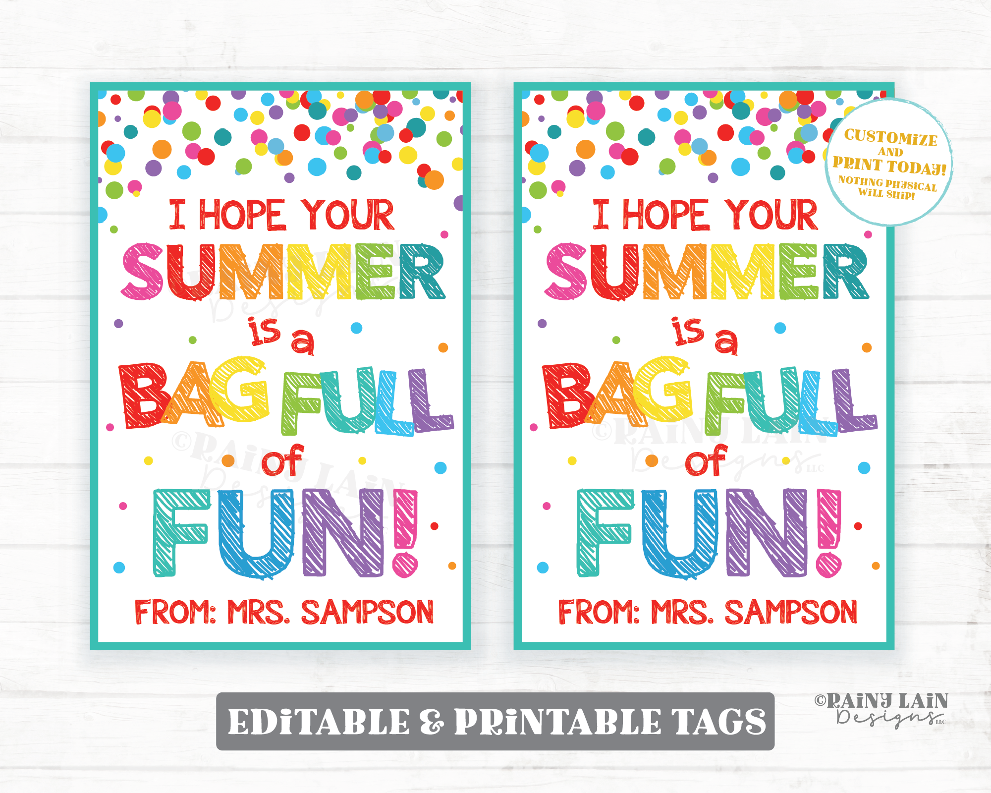 Hope Your Summer is Bag Full of Fun Tag End of School Year Summer Vacation From Teacher Gift To Student Goodie Favor PTO Printable Editable