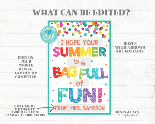 Hope Your Summer is Bag Full of Fun Tag End of School Year Summer Vacation From Teacher Gift To Student Goodie Favor PTO Printable Editable