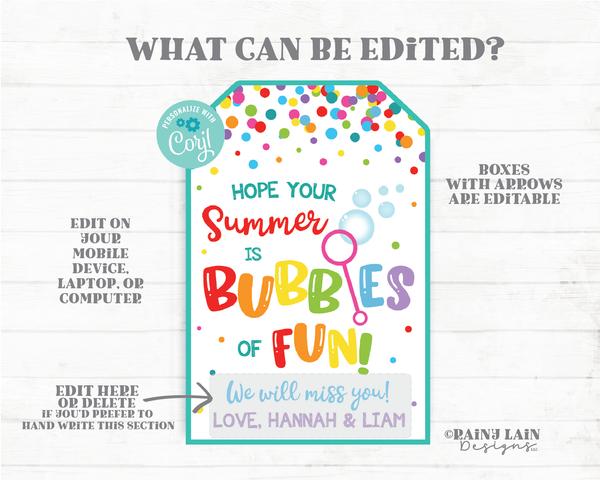 Hope your Summer is Bubbles of Fun Tags End of School Year Gift Tags Preschool Classroom Printable Kids Teacher Favor Bubbles Gift Tag