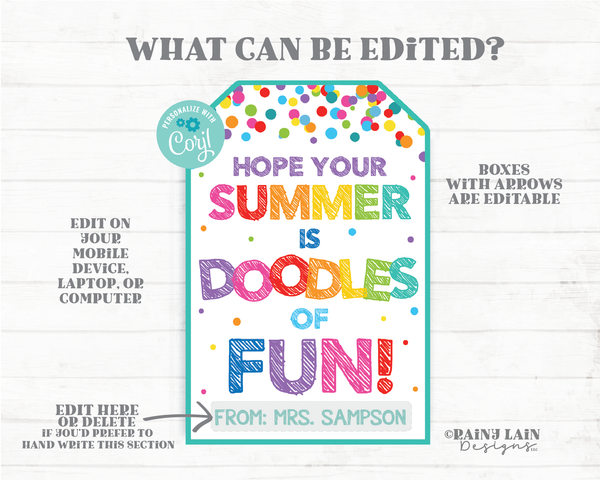 Hope your Summer is Doodles of Fun Tags End of School Year Gift Tags Preschool Classroom Printable Kids Teacher Favor Pencil Sketch Notepad