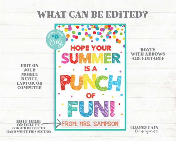 Hope your Summer is a Punch of Fun Tags End of School Year Gift Tags Fruit Punch Balloon Juice Preschool Classroom Printable Kids Teacher