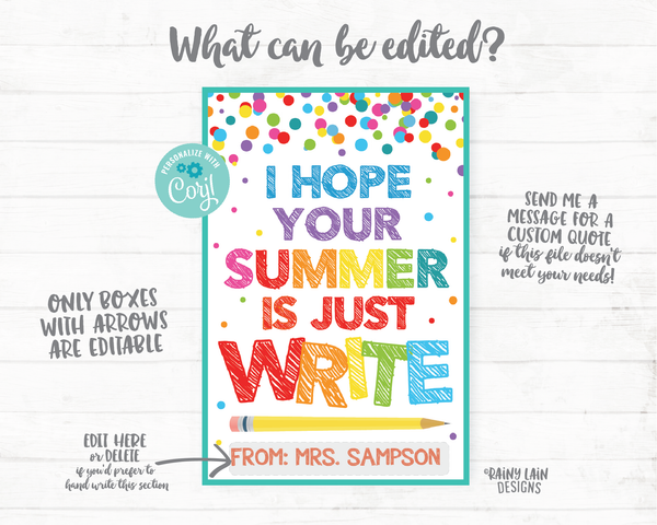 I Hope Your Summer is Just Write Tags Pencil End of School Year Gift Tags Preschool Student Printable Kids Teacher Favor Pencil Gift Tags