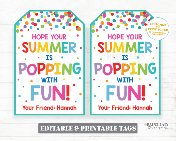 Hope your Summer is Popping with Fun Tags End of School Year Gift Tags Popcorn Pop Fidget Preschool Classroom Printable Kids Teacher Favor