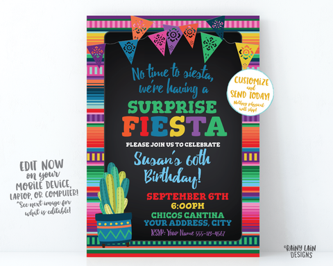 Chalkboard Fiesta Surprise Party Invitation, Surprise Fiesta Invite Chalkboard, Adult Birthday Party Invite, 60th Birthday Invite, Cactus