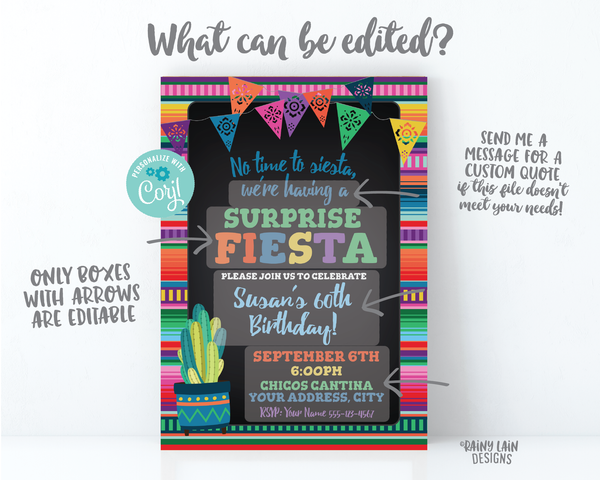 Chalkboard Fiesta Surprise Party Invitation, Surprise Fiesta Invite Chalkboard, Adult Birthday Party Invite, 60th Birthday Invite, Cactus