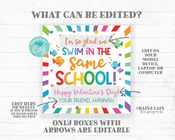 Goldfish Valentine Swim in the Same School Fish Candy Goldfish Tag Preschool Classroom Printable Kids Non-Candy Editable Easy Valentine