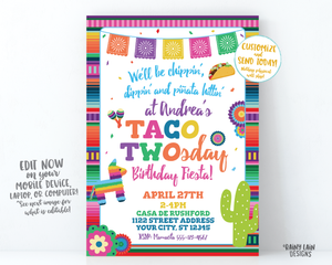 Taco Twosday Invitation Girl Taco Twosday Invite, Chippin Dippin Piñata Hittin, Mexican Fiesta 2nd birthday, Serape, Cactus, Piñata, Maracas