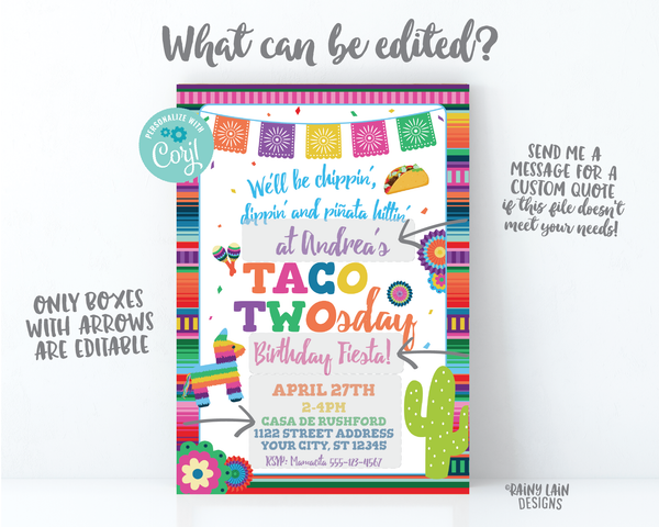 Taco Twosday Invitation Girl Taco Twosday Invite, Chippin Dippin Piñata Hittin, Mexican Fiesta 2nd birthday, Serape, Cactus, Piñata, Maracas