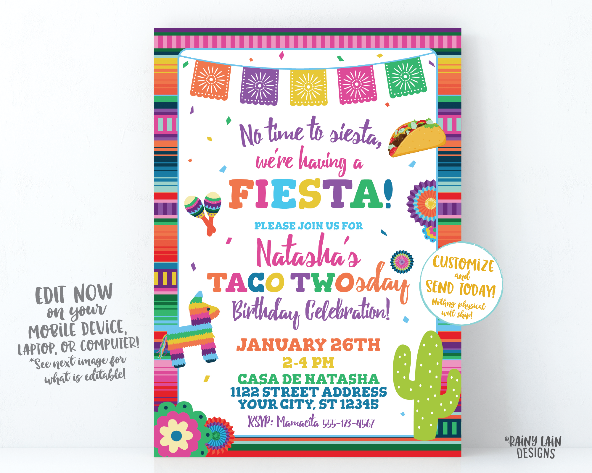 Taco Twosday Invitation Girl Taco Twosday Invite, No Time to Siesta, Mexican Fiesta, 2nd birthday, Serape, Cactus, Piñata, Taco, Maracas