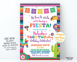 Taco Twosday Invitation Girl Taco Twosday Invite, No Time to Siesta, Mexican Fiesta, 2nd birthday, Serape, Cactus, Piñata, Taco, Maracas