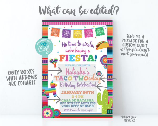 Taco Twosday Invitation Girl Taco Twosday Invite, No Time to Siesta, Mexican Fiesta, 2nd birthday, Serape, Cactus, Piñata, Taco, Maracas