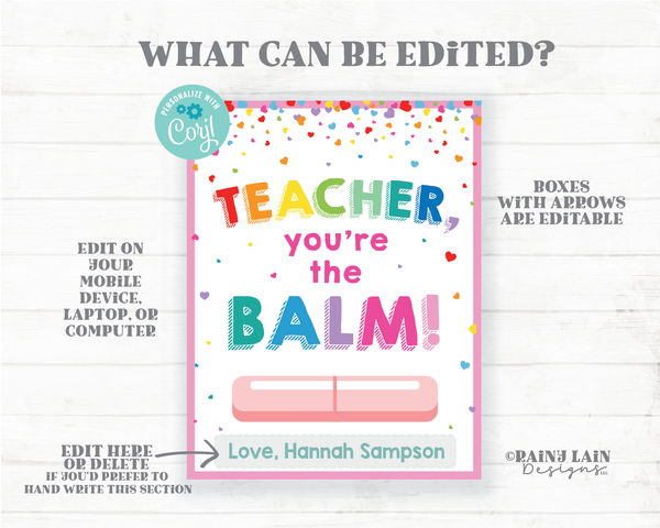 Teacher You're the Balm Valentine Card Lip Balm Valentine Chapstick Valentine Teacher Valentine Card PTO Valentine Tag Editable printable