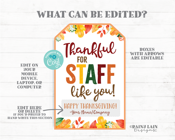 Thankful for Staff Like You Tags, Thankful Tags, Pie Gift Tags, Thanksgiving Tag, Employee Co-Worker Company Corporate Staff Thank you