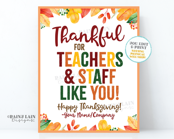 Thankful for Teachers and Staff Like You Sign, Thankful Sign Pie Card Thanksgiving Teacher Card Employee Staff Teacher PTO Teacher Thank you