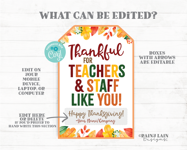 Thankful for Teachers and Staff Like You Tags, Thankful Tags, Pie Tags, Thanksgiving Gift Tag, Employee Staff Teacher Pie Tags PTO Gift Tag