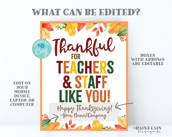 Thankful for Teachers and Staff Like You Sign, Thankful Sign Pie Card Thanksgiving Teacher Card Employee Staff Teacher PTO Teacher Thank you