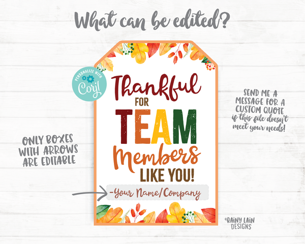 Thankful for Team Members Like You Tags, Thankful Tags, Pie Tags, Thanksgiving Gift Tag Employee Company Co-Worker Staff Corporate Teacher