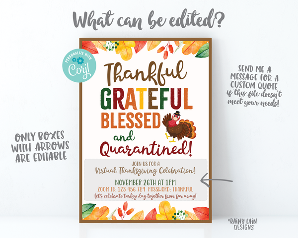 Virtual Thanksgiving Invitation, Thankful Grateful Blessed and Quarantined Invite 2020 Social Distance Pandemic Quarantine Thanksgiving Mask