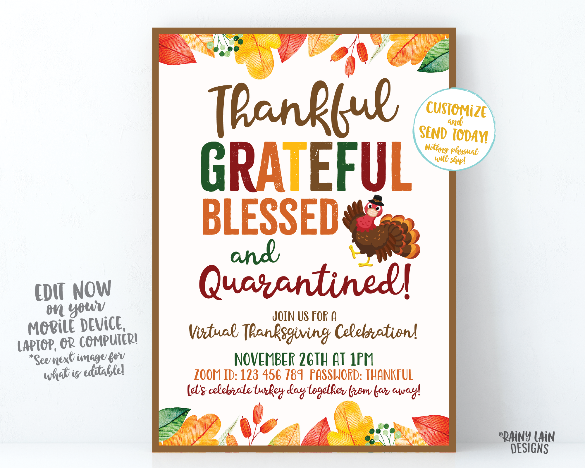 Virtual Thanksgiving Invitation, Thankful Grateful Blessed and Quarantined Invite 2020 Social Distance Pandemic Quarantine Thanksgiving Mask