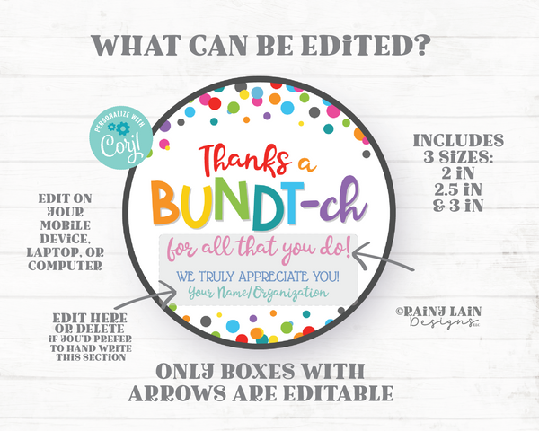 Bundt Cake Gift Tag Thanks a Bundt-ch for all You do Bundt'ch Homemade Hostess Appreciation Favor Neighbor Employee Staff Teacher Thank you