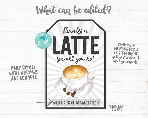 Thanks a Latte Tag Latte for all you do tag Employee Appreciation Tag Company Staff Co-Worker Corporate Teacher Thank you Coffee Gift Tag