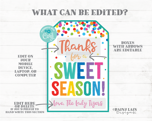 Thanks for a Sweet Season Coach Thank You Tag End of Season Gift Assistant Appreciation Sports Team Volunteer Basketball Baseball Recreation