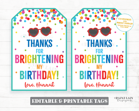 Thanks for Brightening My Birthday Tag Sunglasses Party Favor Tags Sun Summer Birthday Gift Party Light Bright Birthday Brighten School
