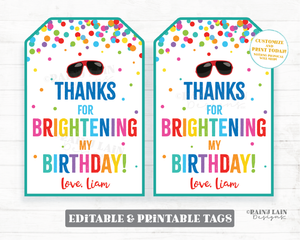 Thanks for Brightening My Birthday Tag Sunglasses Tags Sun Summer Bright Birthday Brighten School Party Favor Birthday Gift Party Light